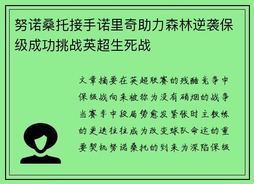 努诺桑托接手诺里奇助力森林逆袭保级成功挑战英超生死战 努诺桑托接手诺里奇助力森林逆袭保级成功挑战英超生死战